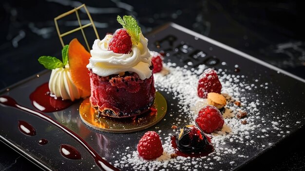 Chocolate cake with raspberries and cream on a black background