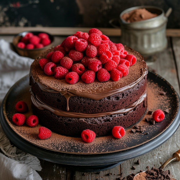 a chocolate cake with raspberries on it