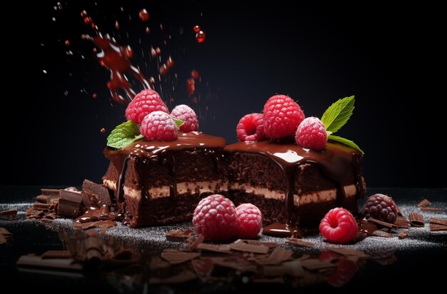 Photo a chocolate cake with raspberries and raspberries on top