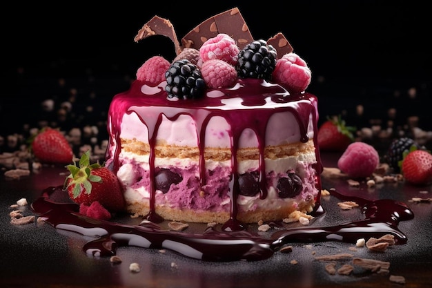 A chocolate cake with raspberries and raspberries on top.