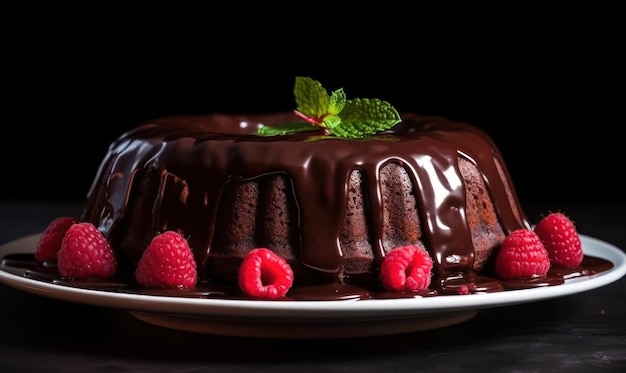 A chocolate cake with raspberries on top and a chocolate drizzle on top.