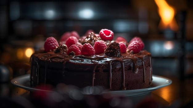 A chocolate cake with raspberries on top