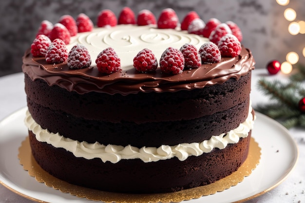 A chocolate cake with raspberries on top