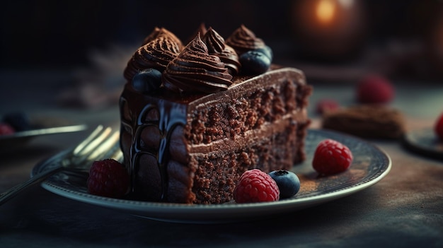 Chocolate cake with raspberries on a wooden tablegenerative ai