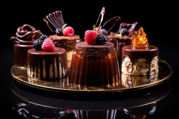 Chocolate cake with raspberry and chocolate on a gold plate.