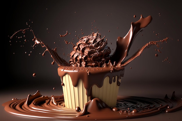 Chocolate cake with splash of chocolate on dark background