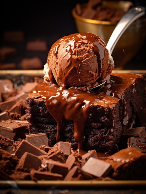 a chocolate cake with a spoon in the middle of it