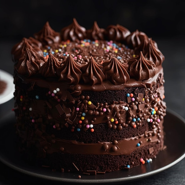 A chocolate cake with sprinkles on it