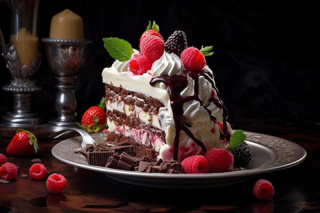 A chocolate cake with strawberries and chocolate on a plate