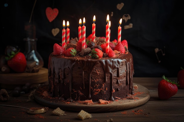 Chocolate cake with strawberries and colored candles generative IA