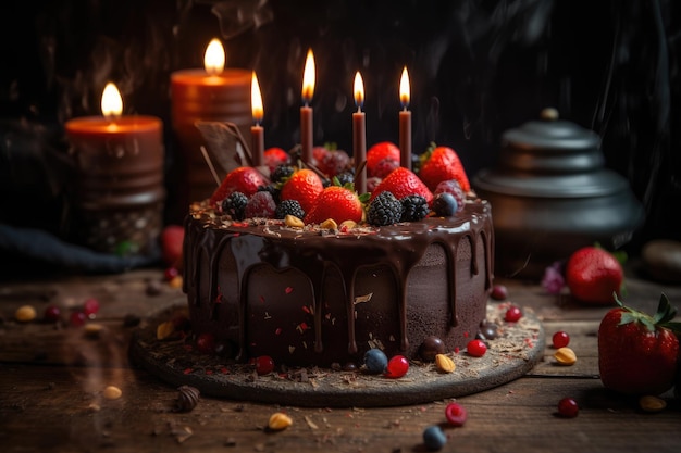 Chocolate cake with strawberries and colored candles generative IA