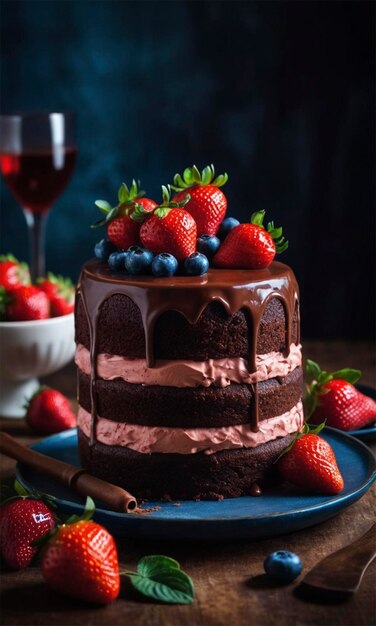 a chocolate cake with strawberries on it and a glass of wine