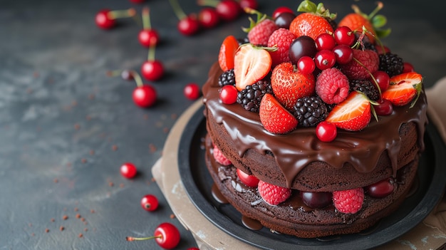 a chocolate cake with strawberries and strawberries on top of it