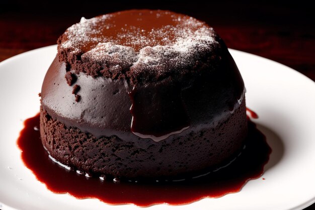 A chocolate cake with syrup on it is on a plate.