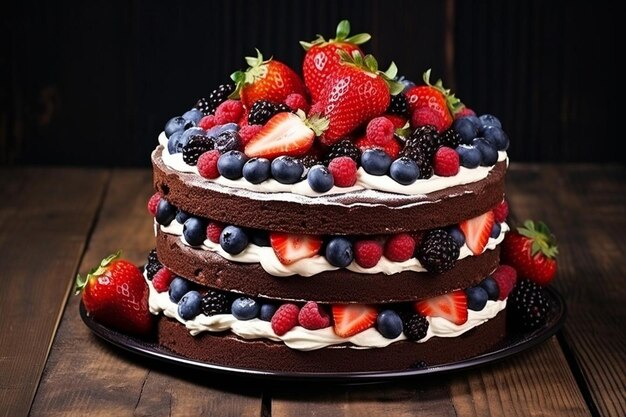 Chocolate cake with whipped cream and fresh fruits on a dark background