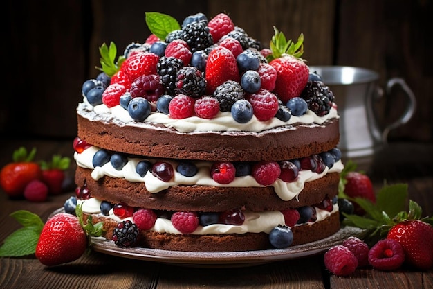 Chocolate cake with whipped cream and fresh fruits on a dark background