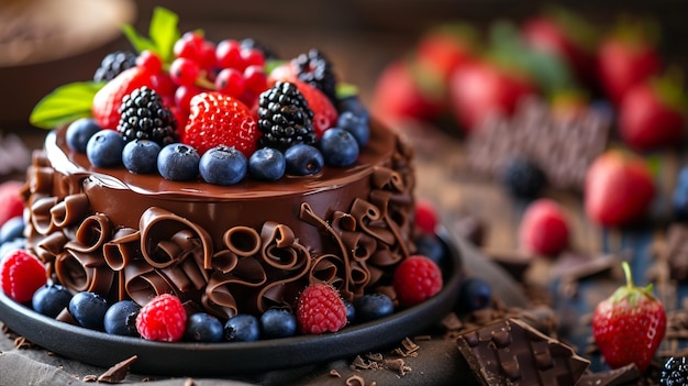 chocolate cake with whipped cream and fruits