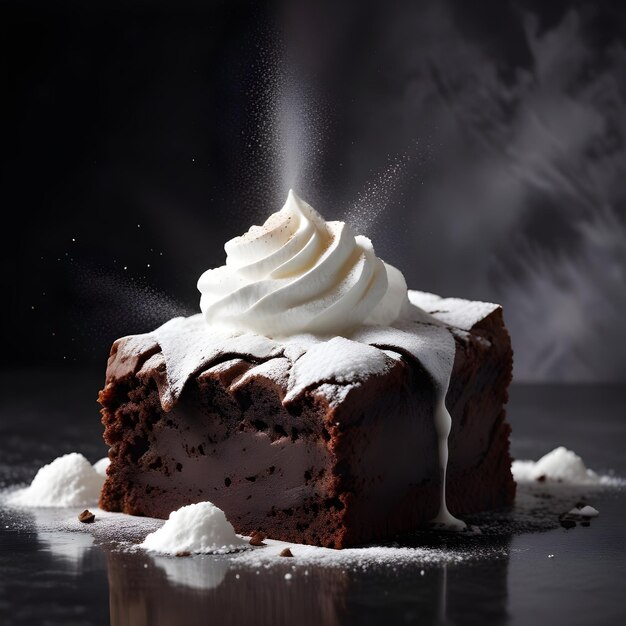 a chocolate cake with whipped cream on top of it