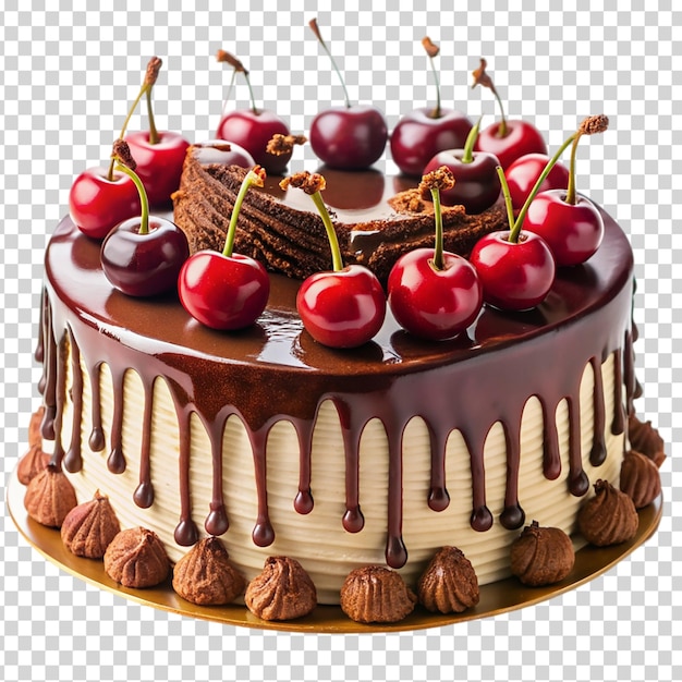 A chocolate cake with white frosting and cherries on top on transparent background