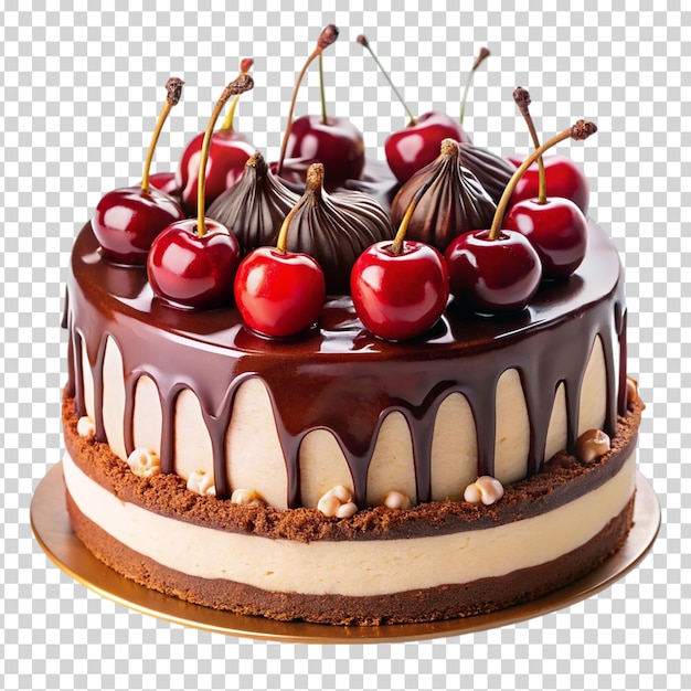 A chocolate cake with white frosting and cherries on top on transparent background