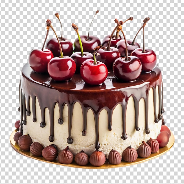 A chocolate cake with white frosting and cherries on top on transparent background