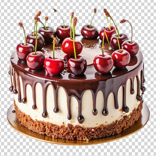 A chocolate cake with white frosting and cherries on top on transparent background