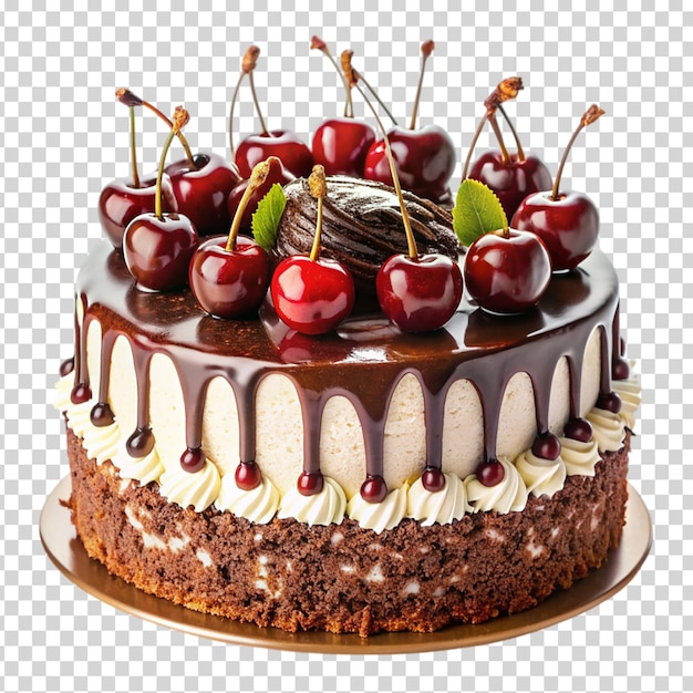 A chocolate cake with white frosting and cherries on top on transparent background