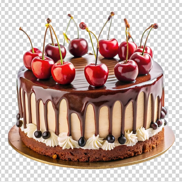 A chocolate cake with white frosting and cherries on top on transparent background