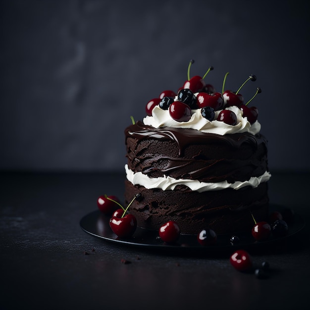 A chocolate cake with white frosting and cherries on top.