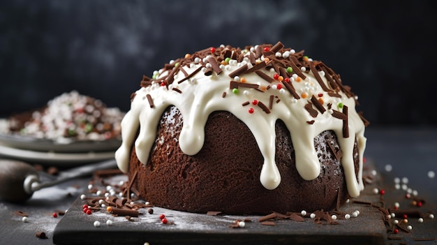 A chocolate cake with white icing and sprinkles on top