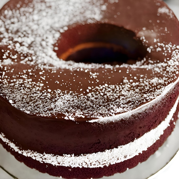 A chocolate cake with white powdered sugar on top.