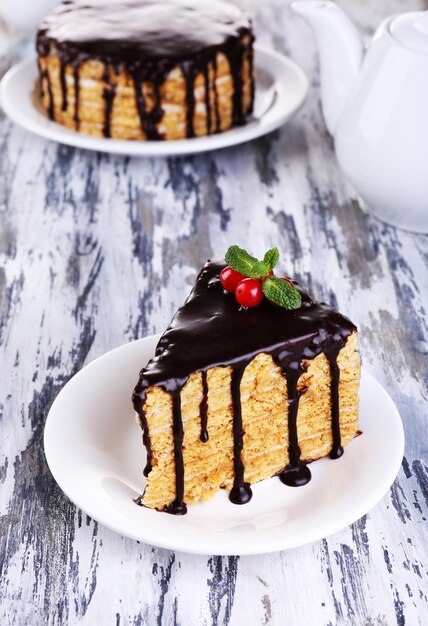 Chocolate cake on wooden table