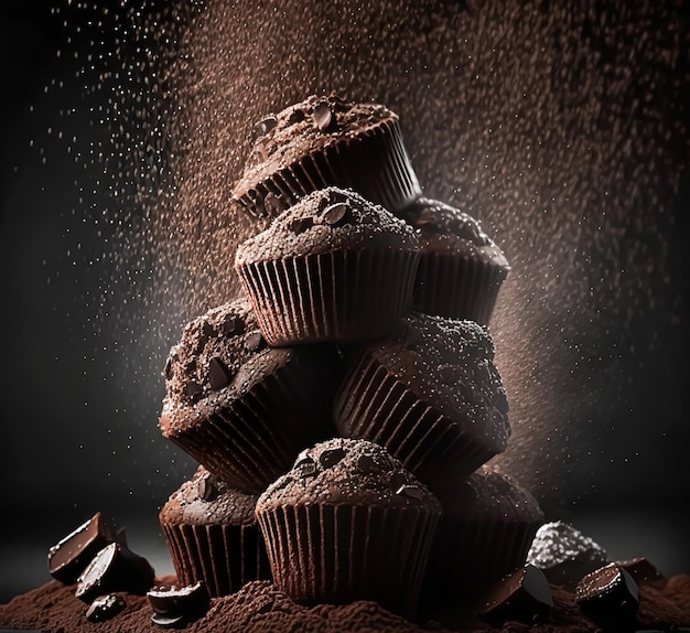 Chocolate cakes muffins on dark studio background Generative Ai