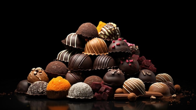 Chocolate candies assortment on a black background