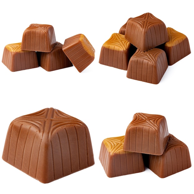 Chocolate candies collection collage isolated on white