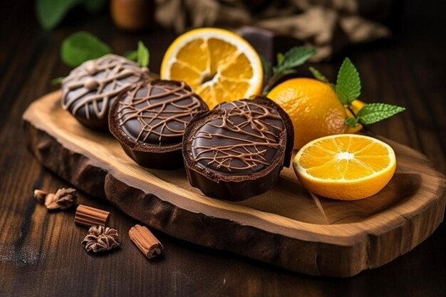 Chocolate candies orange and cinnamon on wooden desk