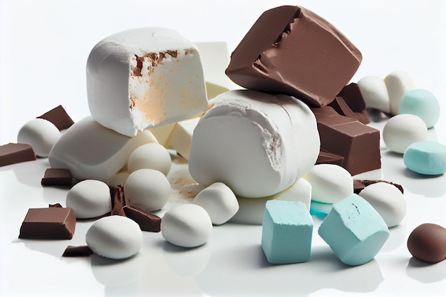 Chocolate candies with marshmallows and pieces of chocolate on white backgroundgenerative ai