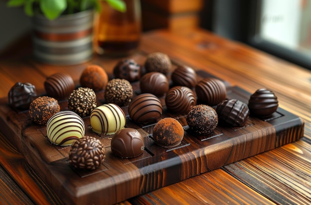 Chocolate candies on wooden table A group of chocolate truffles served on a wooden board