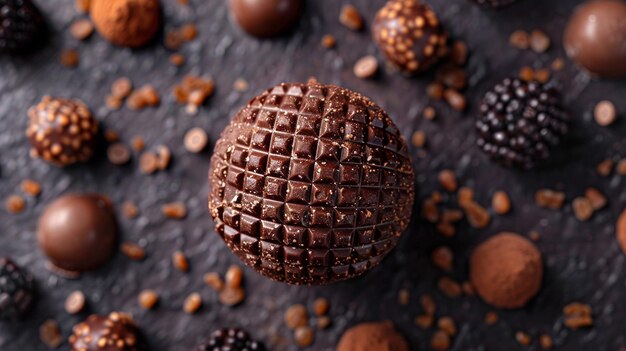 Photo a chocolate candy ball with chocolate pieces on it