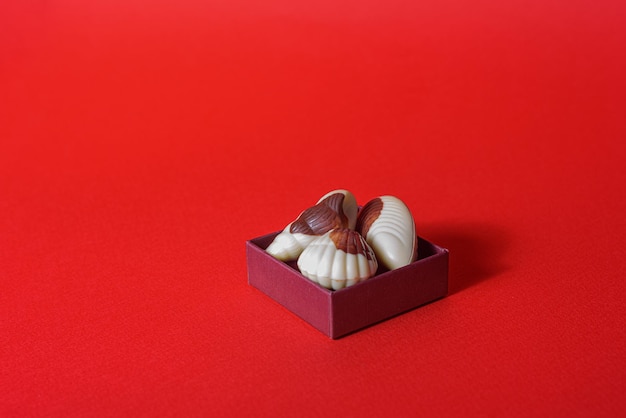 Chocolate candy shells on red background