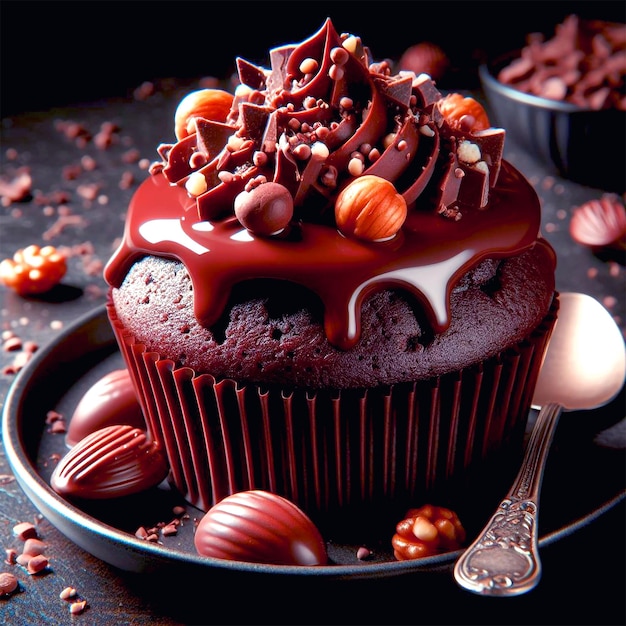 Chocolate caramel cupcake with nuts