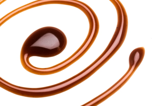 Chocolate caramel sauce swirl on a plain white backround