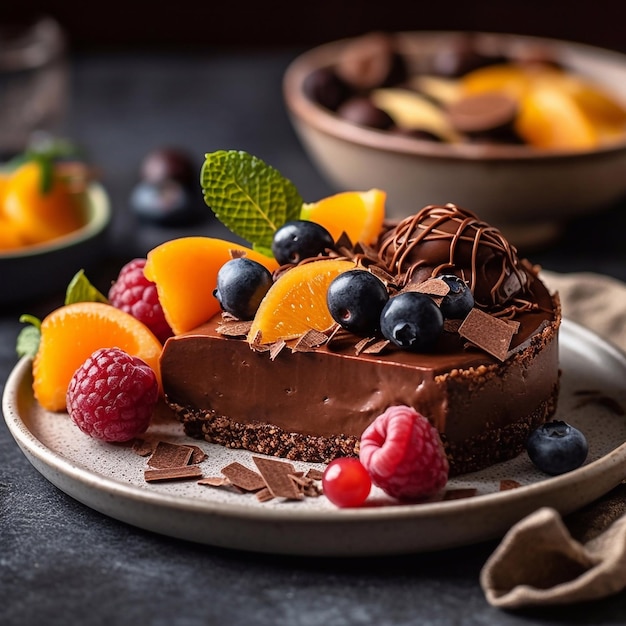 Chocolate cheesecake decorated with berries fruits nuts and chocolate icing Generative AI