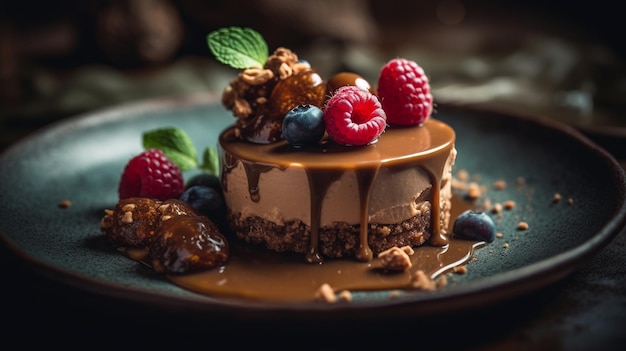 A chocolate cheesecake with a chocolate sauce and berries on top