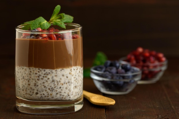 Chocolate Chia Pudding Dessert with blueberries Sweet pudding