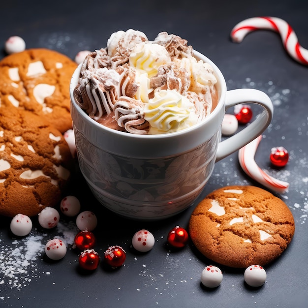 The chocolate chip cookie Christmas candy caramel Cup cocoa and marshmallow Decorations on a gray background Close up Generative AI