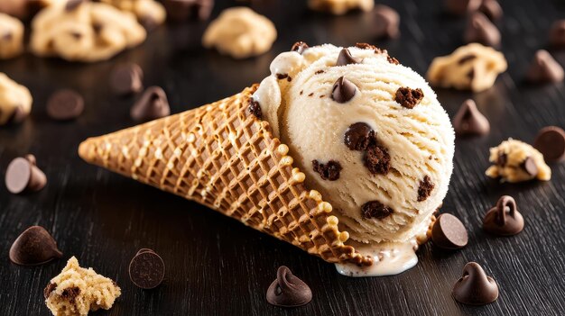 Chocolate Chip Cookie Dough Ice Cream Cone on Black Background