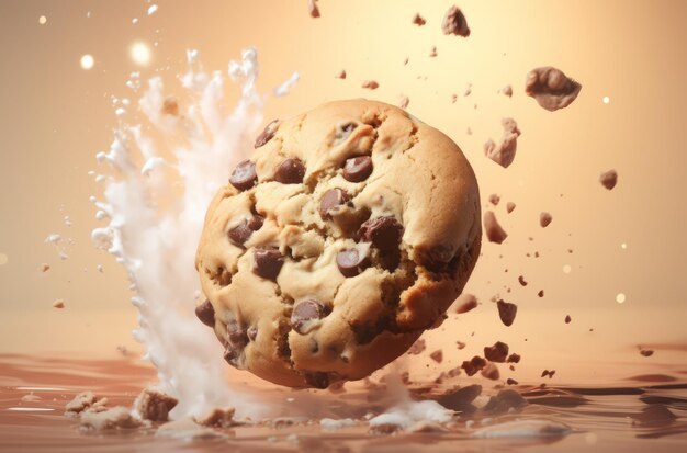 a chocolate chip cookie falling into a pink background