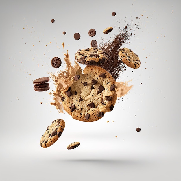 Chocolate chip cookie floating on a green background. sweet chocolate splash.