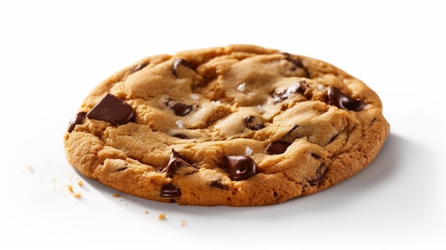 A chocolate chip cookie is on a white background.